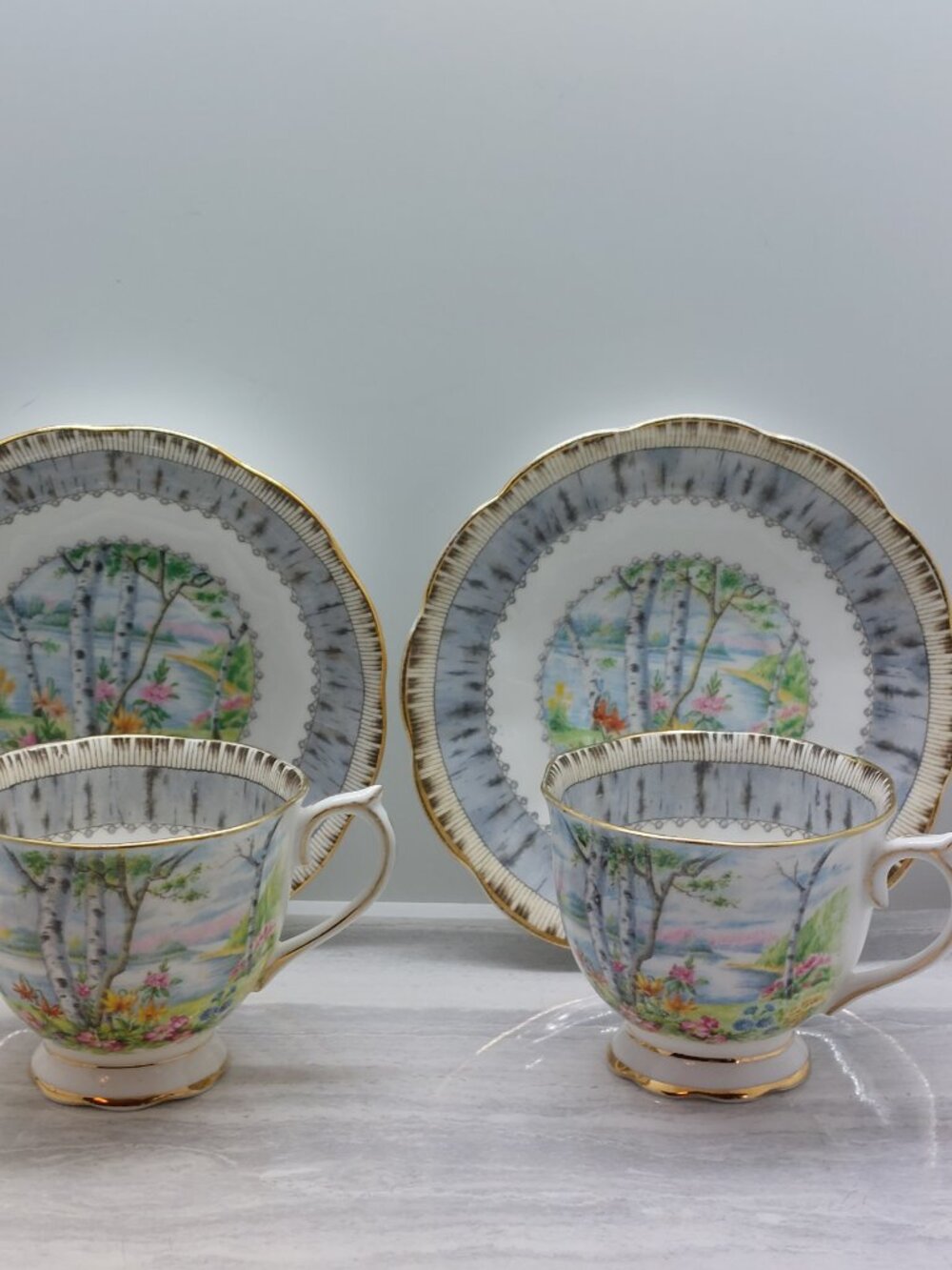 2 Vintage Royal Albert Bone China Silver Birch Teacup & Saucer